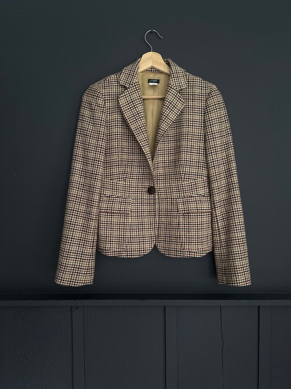 J. Crew Wool Blend Houndstooth Blazer Brown Tan Dark Academia Size 0